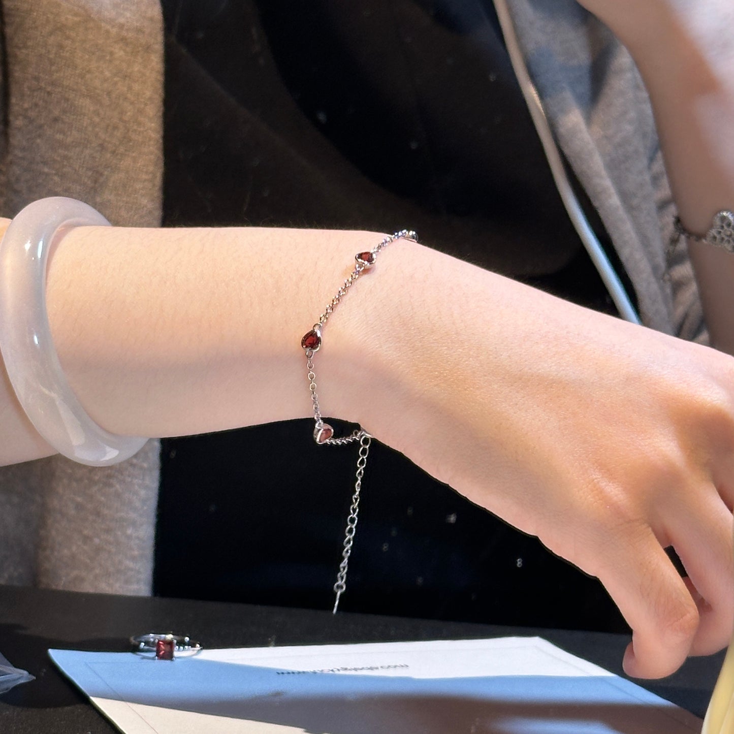 Natural Garnet Heart Silver Bracelet