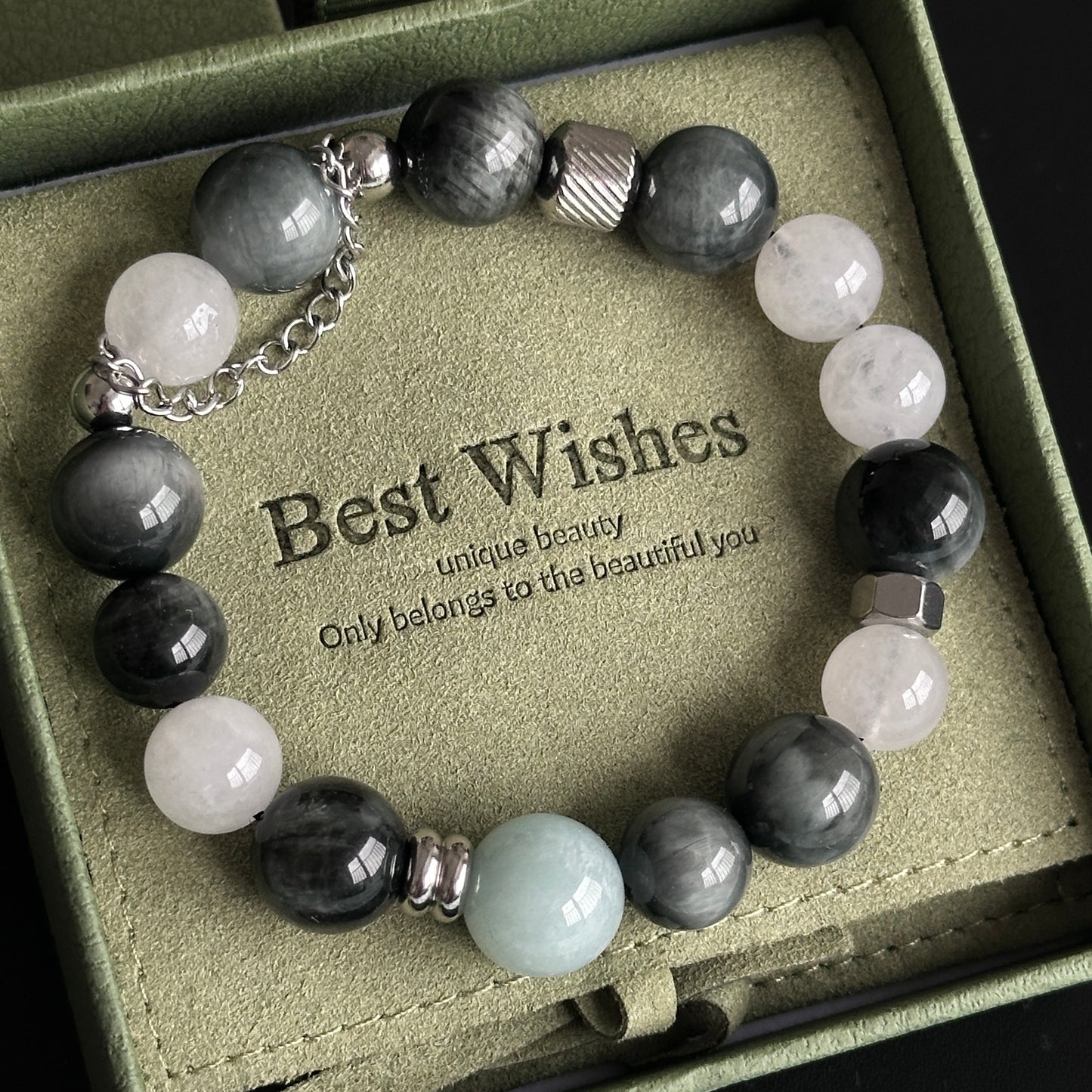 【Handmade】Hawk's Eye, White Agate, and White Jade Bracelet