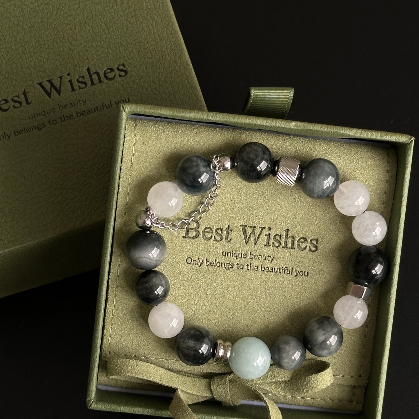 【Handmade】Hawk's Eye, White Agate, and White Jade Bracelet