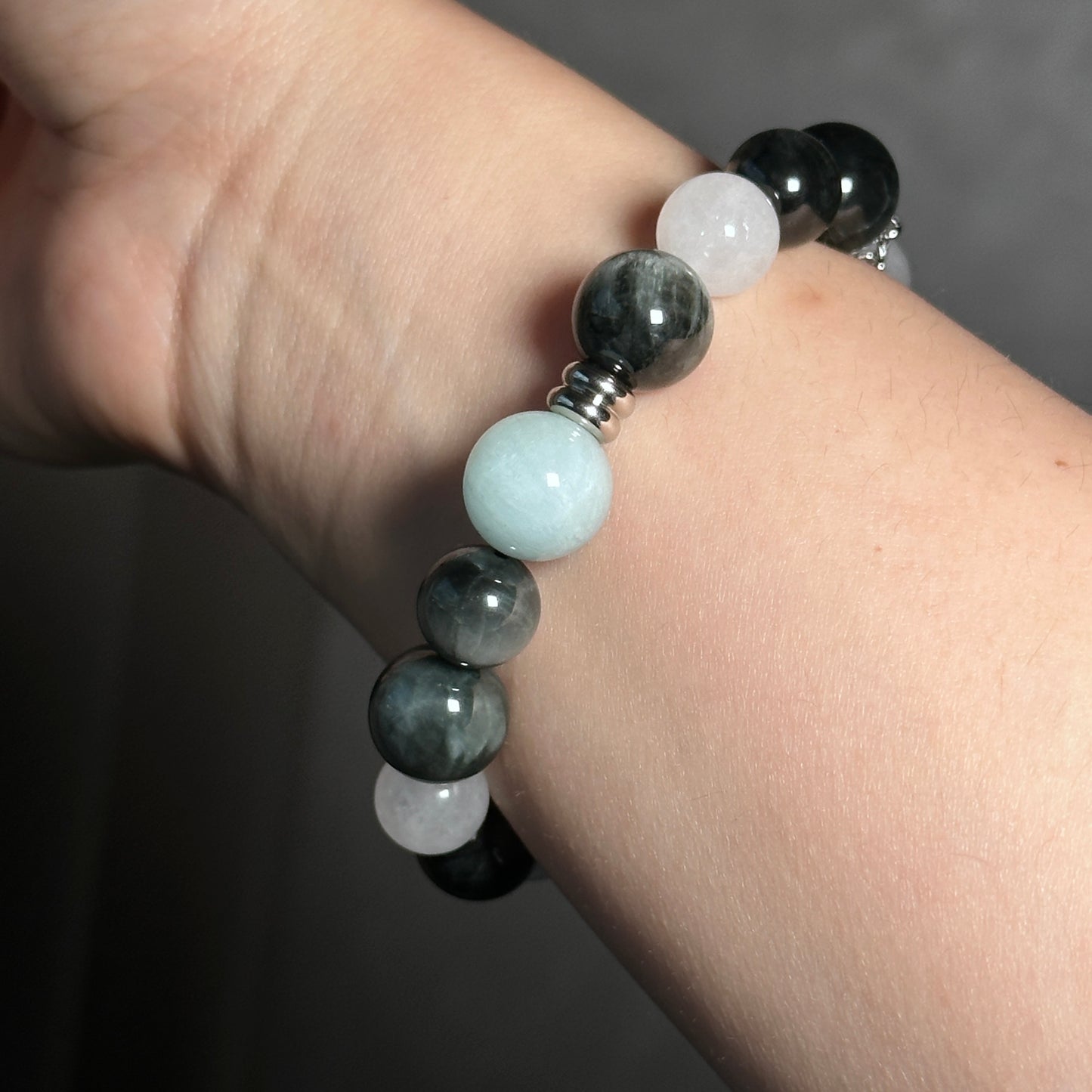 【Handmade】Hawk's Eye, White Agate, and White Jade Bracelet