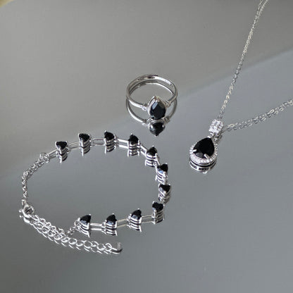 11 Hearts: Black Spinel Silver Bracelet