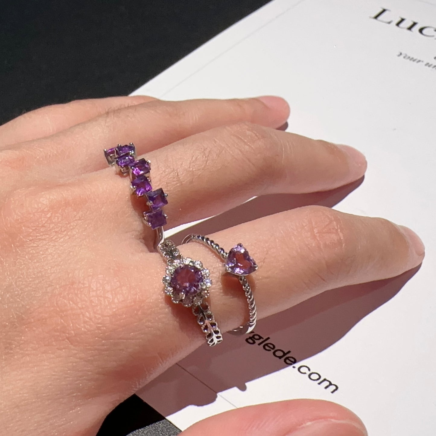 Heart/Sunflower/Cube-Natural Amethyst Ring Silver Rings Set