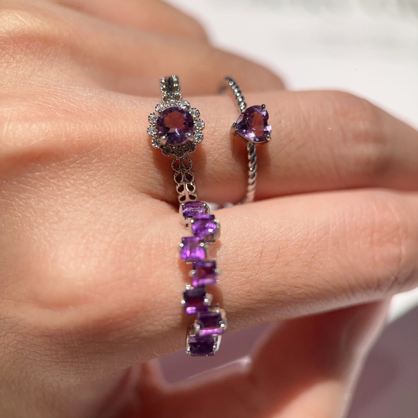 Heart/Sunflower/Cube-Natural Amethyst Ring Silver Rings Set