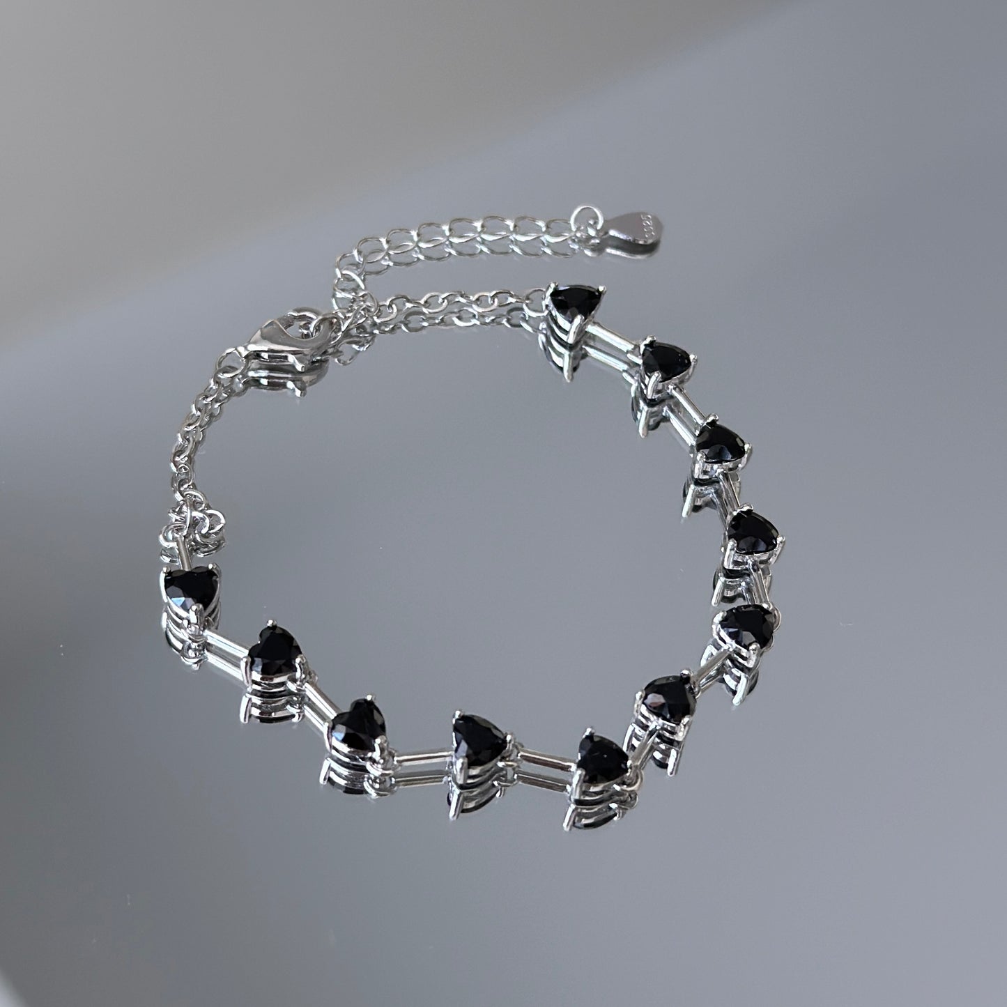 11 Hearts: Black Spinel Silver Bracelet