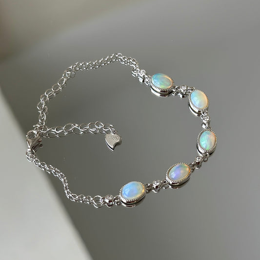 Rainbow Egg: Natural Opal Stone Silver Bracelet