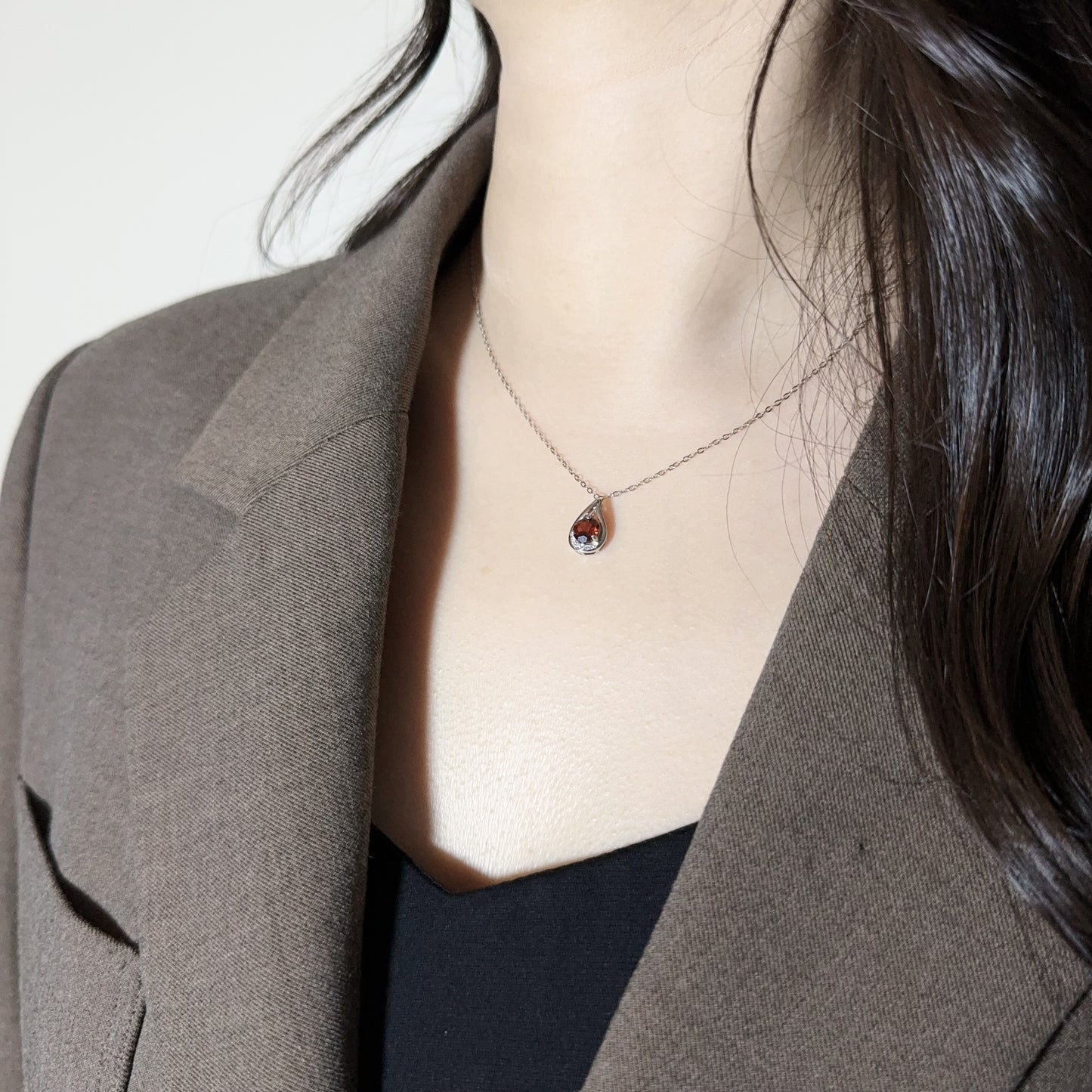 Natural Garnet Teardrop Silver Necklace