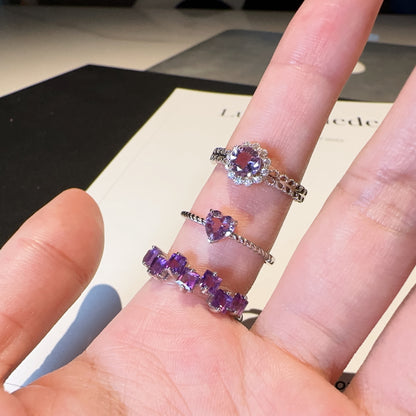 Heart/Sunflower/Cube-Natural Amethyst Ring Silver Rings Set