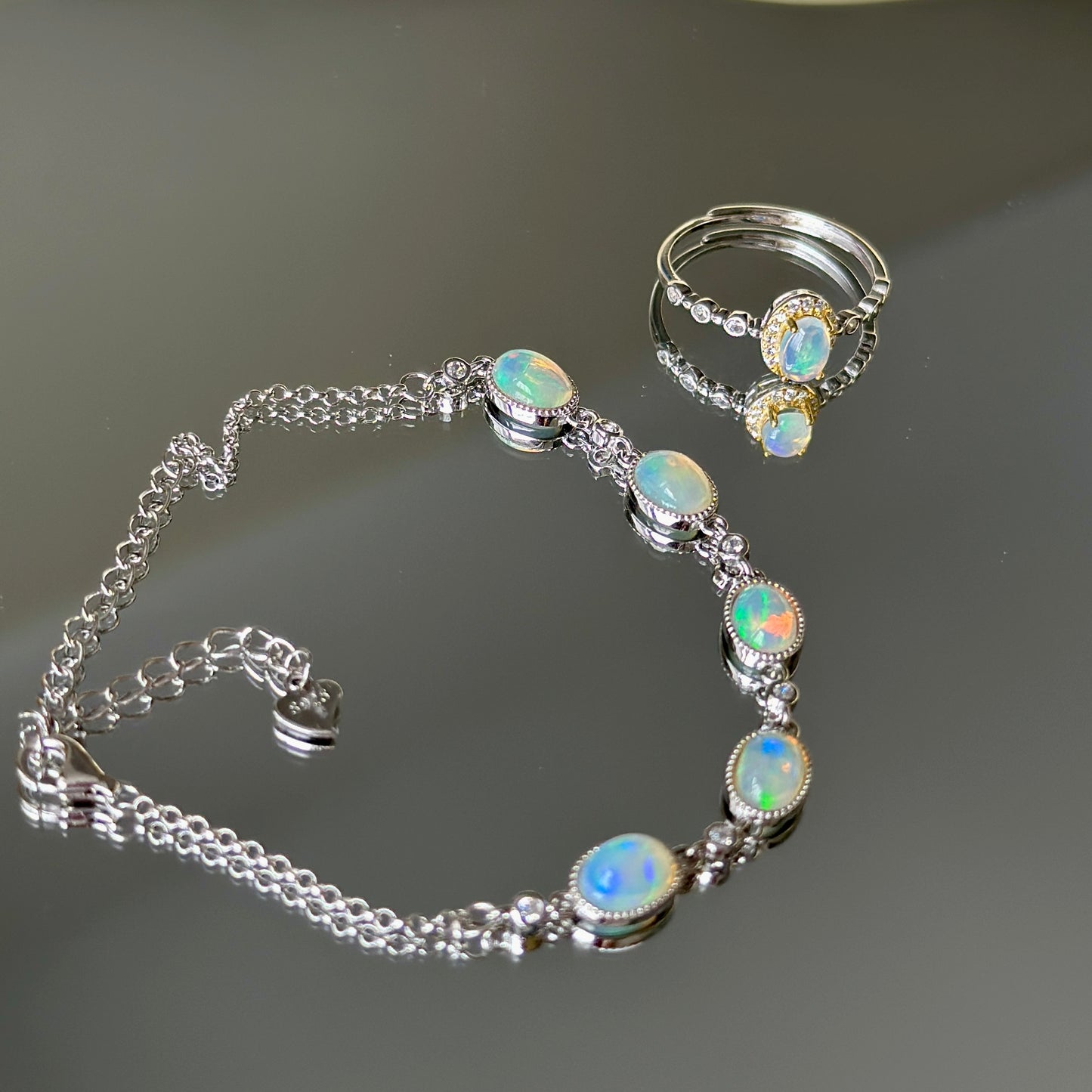 Rainbow Egg: Natural Opal Stone Silver Bracelet