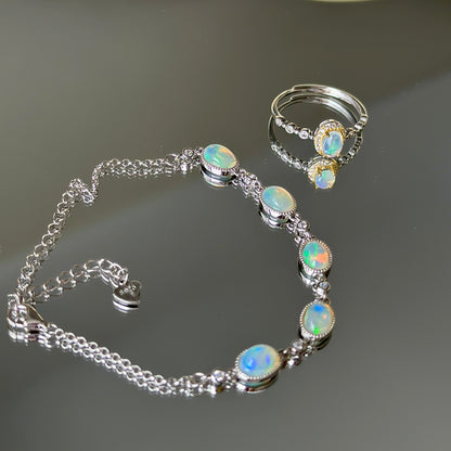 Rainbow Egg: Natural Opal Stone Silver Bracelet