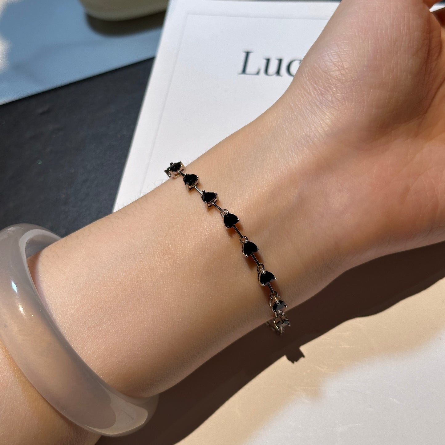 11 Hearts: Black Spinel Silver Bracelet