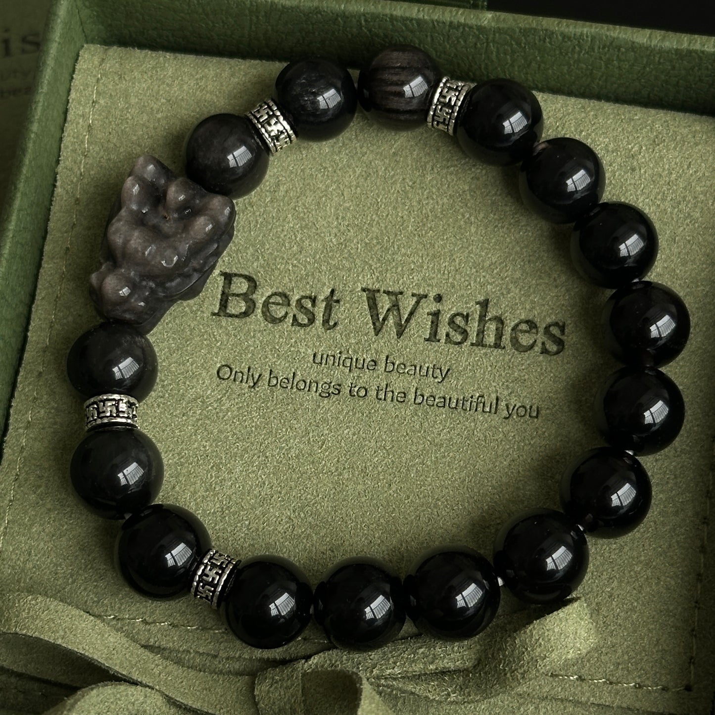 Silver Obsidian Bracelet [Dragon Head]: Energy Guardian of the Mysterious Night Sky