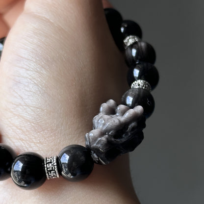 Silver Obsidian Bracelet [Dragon Head]: Energy Guardian of the Mysterious Night Sky