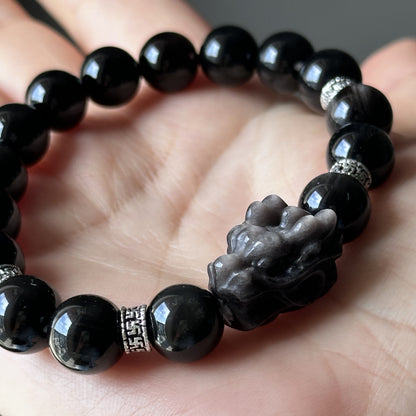 Silver Obsidian Bracelet [Dragon Head]: Energy Guardian of the Mysterious Night Sky