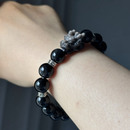 Silver Obsidian Bracelet [Dragon Head]: Energy Guardian of the Mysterious Night Sky