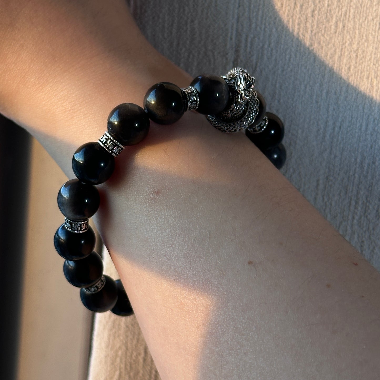 Silver Obsidian Bracelet [Dragon]: Energy Guardian of the Mysterious Night Sky