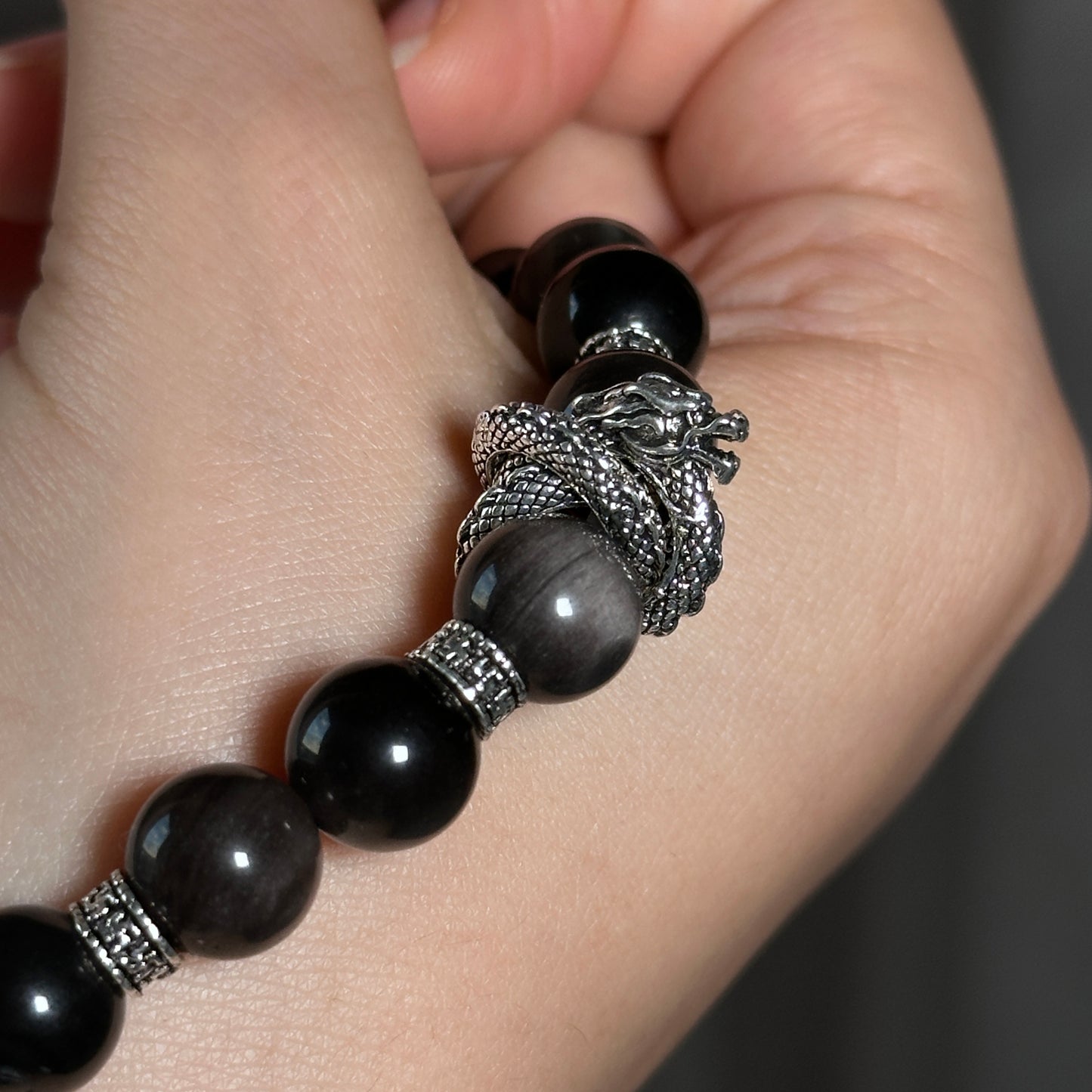 Silver Obsidian Bracelet [Dragon]: Energy Guardian of the Mysterious Night Sky