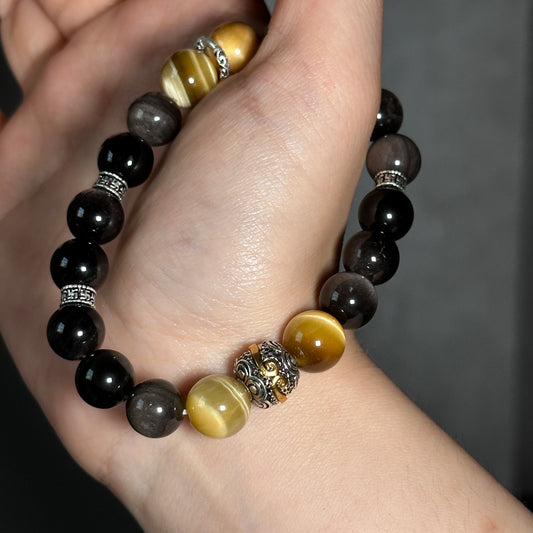 Silver Obsidian Bracelet [Tiger Eyes]: Energy Guardian of the Mysterious Night Sky