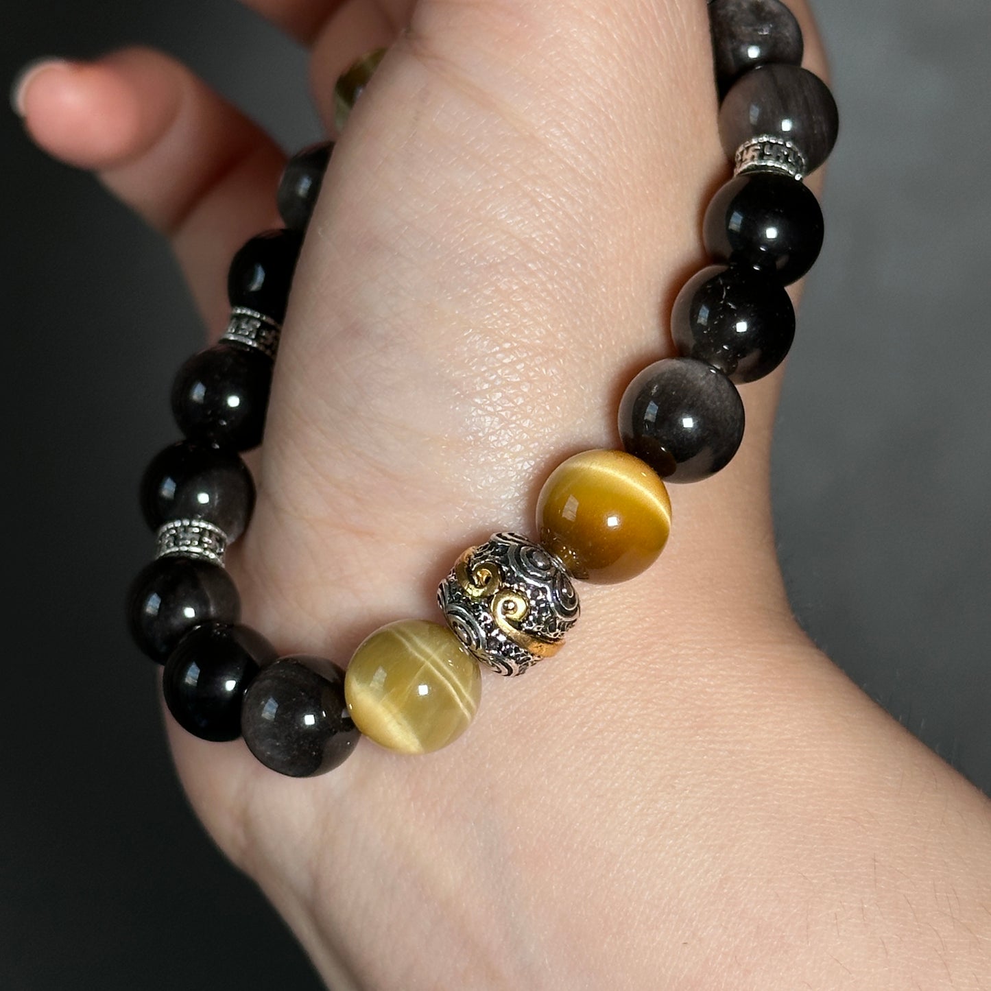 Silver Obsidian Bracelet [Tiger Eyes]: Energy Guardian of the Mysterious Night Sky