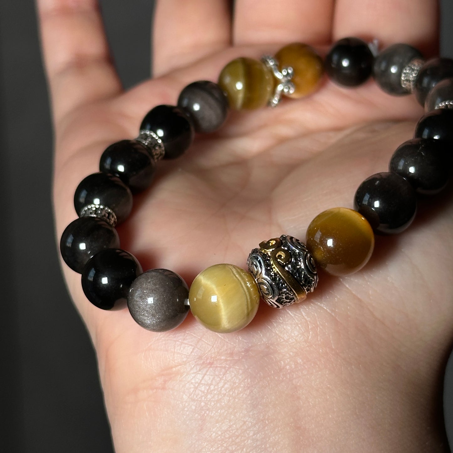 Silver Obsidian Bracelet [Tiger Eyes]: Energy Guardian of the Mysterious Night Sky