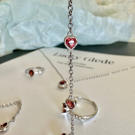 Natural Garnet Heart Silver Bracelet