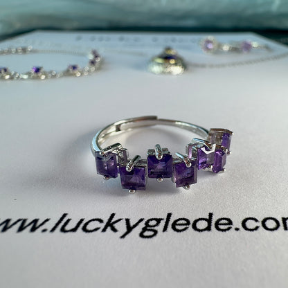 Heart/Sunflower/Cube-Natural Amethyst Ring Silver Rings Set