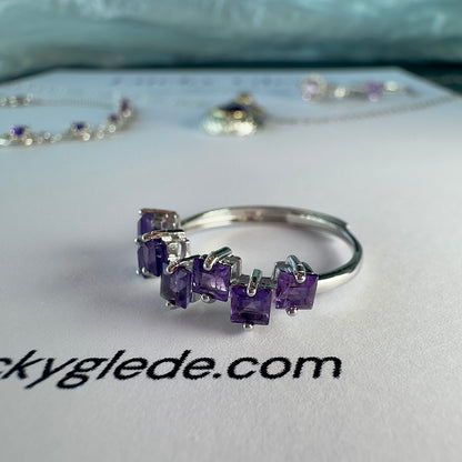 Heart/Sunflower/Cube-Natural Amethyst Ring Silver Rings Set