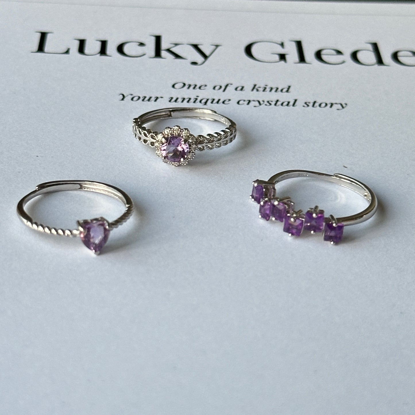 Heart/Sunflower/Cube-Natural Amethyst Ring Silver Rings Set